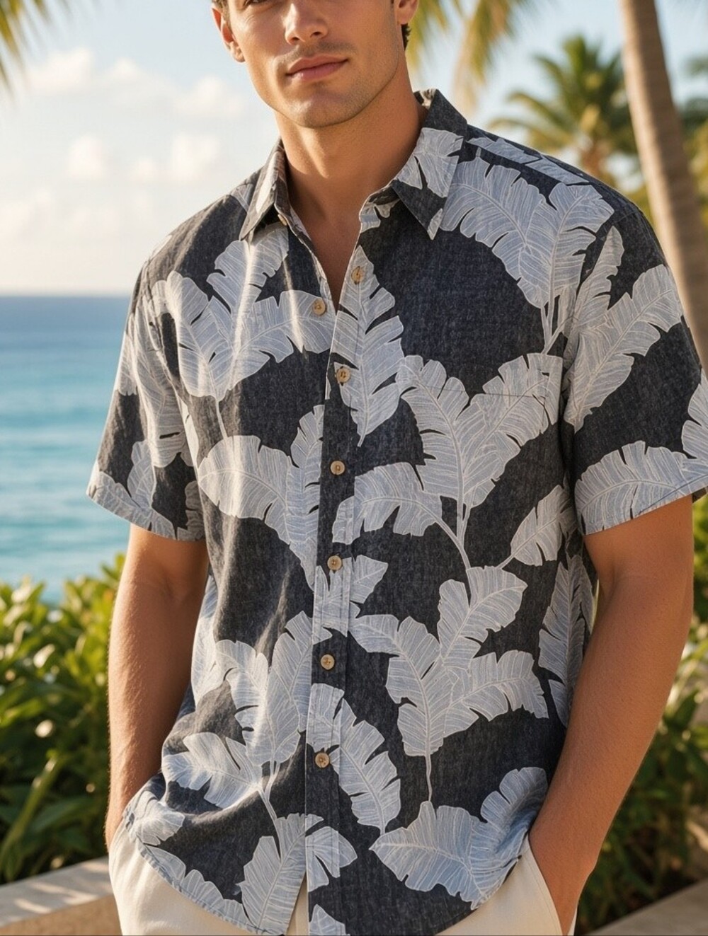 Cooke Street Hawaiian Tropical Banana Leaf Black Gray Button Down Short Sleeve L